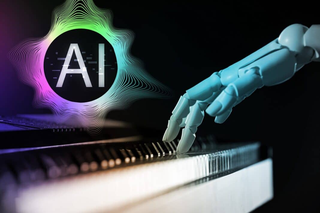 Artificial,Intelligence.,Robot,Playing,Piano,On,Dark,Background.,Abbreviation,Ai