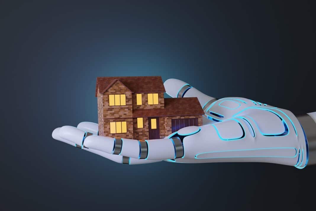 Robotic,Hand,Holding,A,Red,Brick,House,On,Dark,Blue
